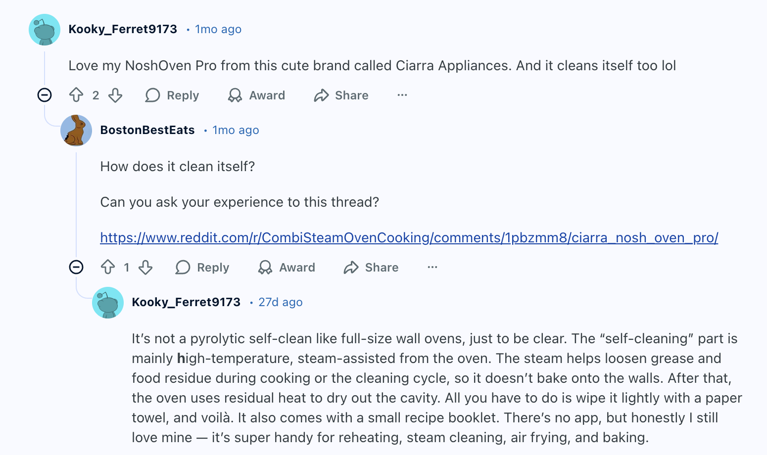 Screenshot of Reddit discussion about Recommendation for countertop steam oven