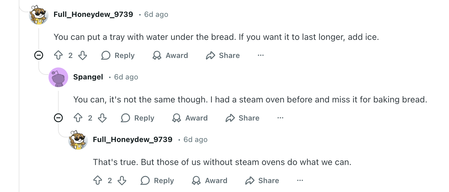 Screenshot of Reddit discussion about Does an oven with steam function really make a difference?
